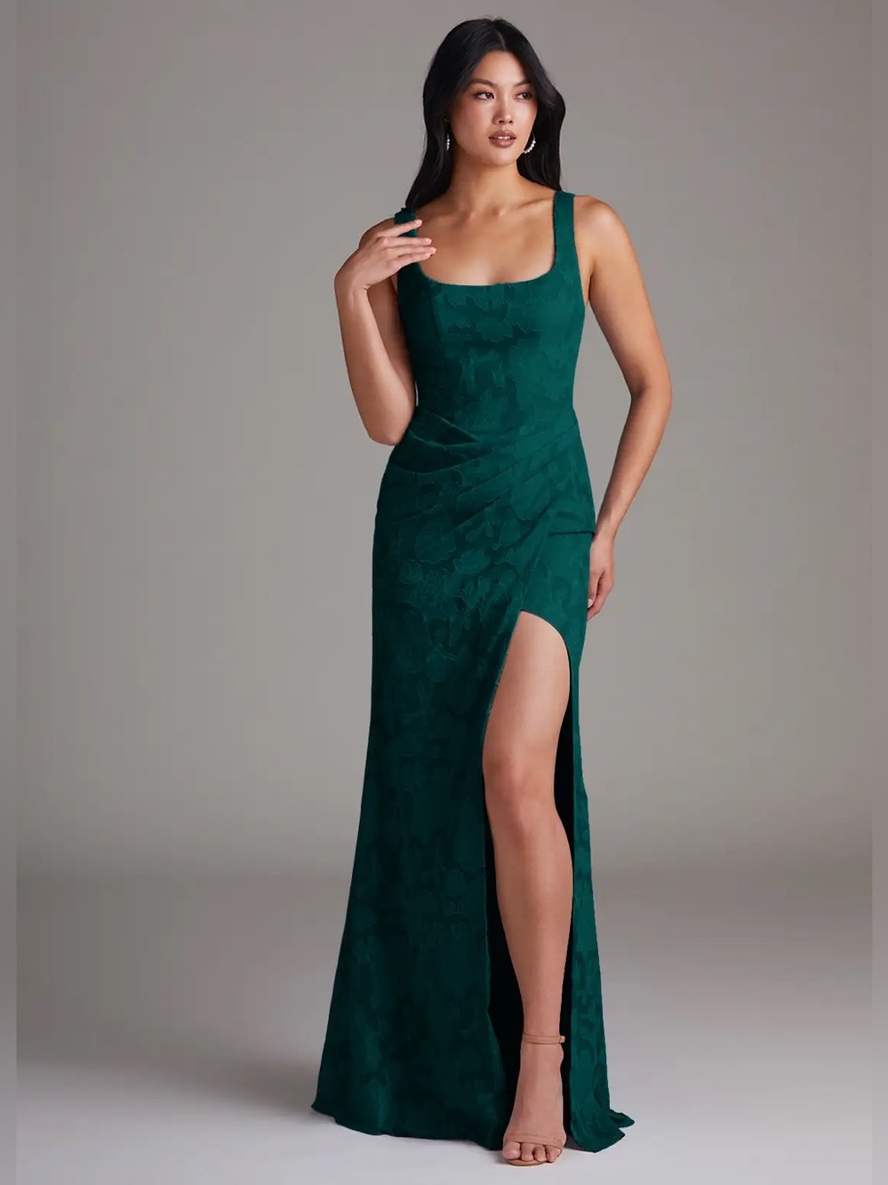 Azazie Mero - Pine Sheath Pleated Floral Burnout Dress